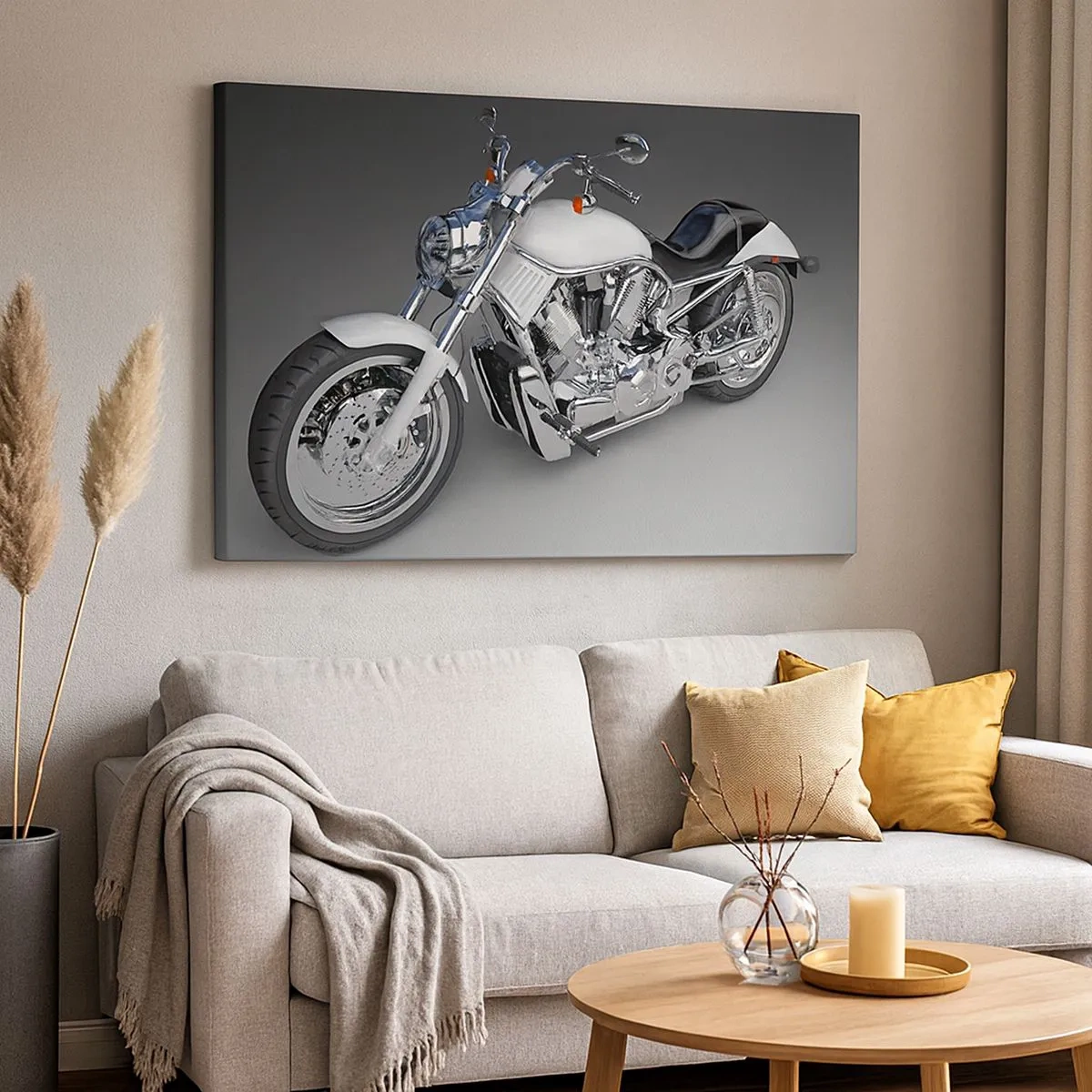 Schilderen op canvas - Witte cruisermotorfiets op een grijze achtergrond - 70x50cm - Je wilt bijna knielen - Moderne wanddecoratie voor woonkamer en slaapkamer ARTTOR