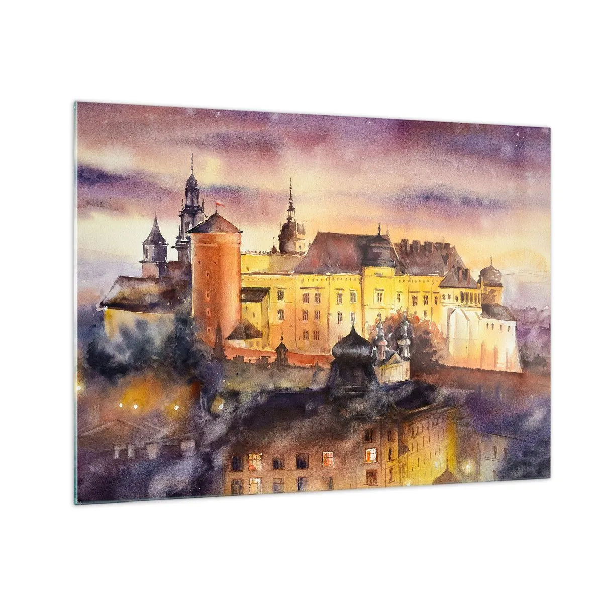 Schilderen op glas - Aquarelillustratie van een kasteel op een heuvel bij zonsondergang - 70x50cm - Geschiedenis en sprookje - Moderne wanddecoratie voor woonkamer en slaapkamer ARTTOR