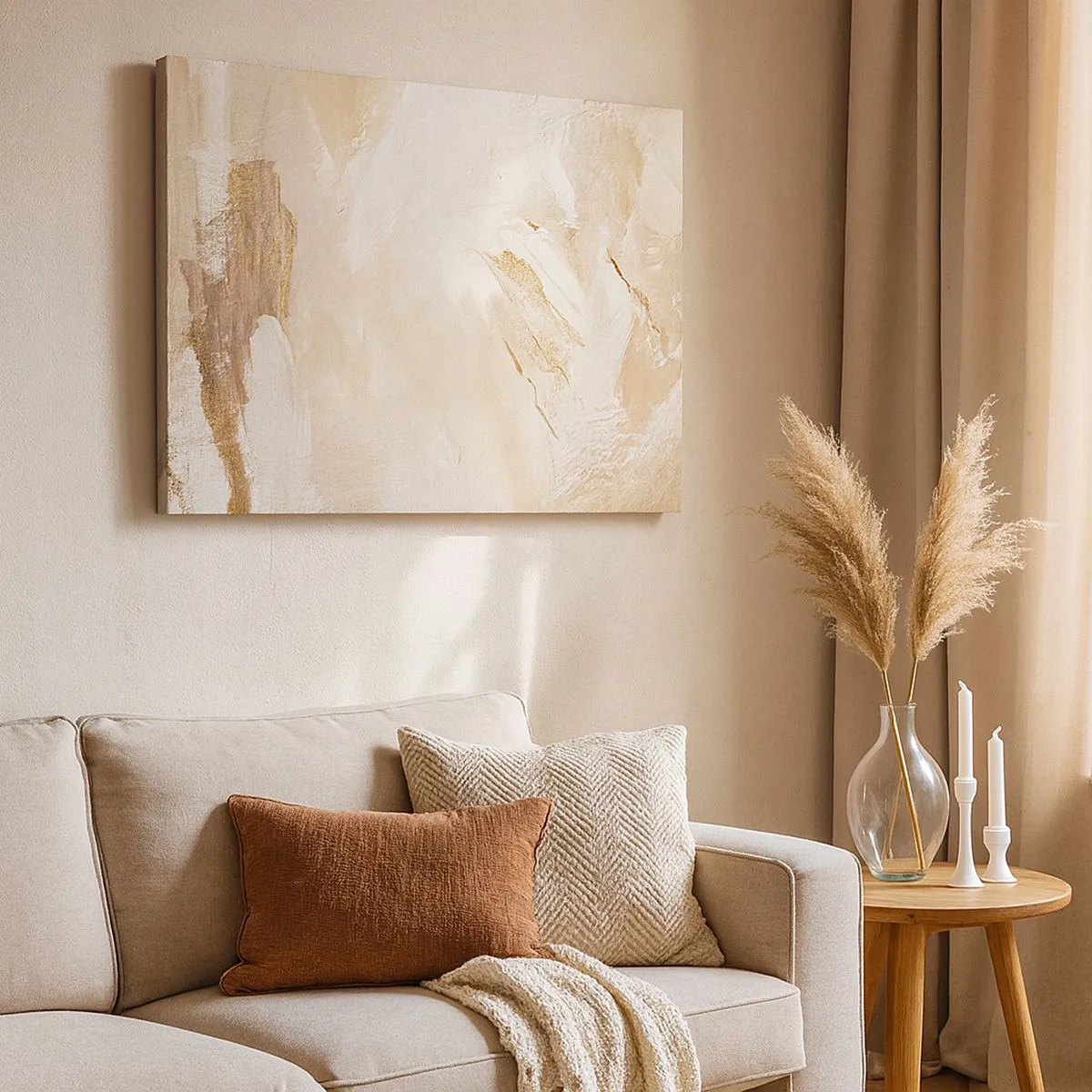 Schilderen op canvas - Delicate abstracte tinten in beige en goudtinten - 70x50cm - Pastelkleurige compositie - Moderne wanddecoratie voor woonkamer en slaapkamer ARTTOR