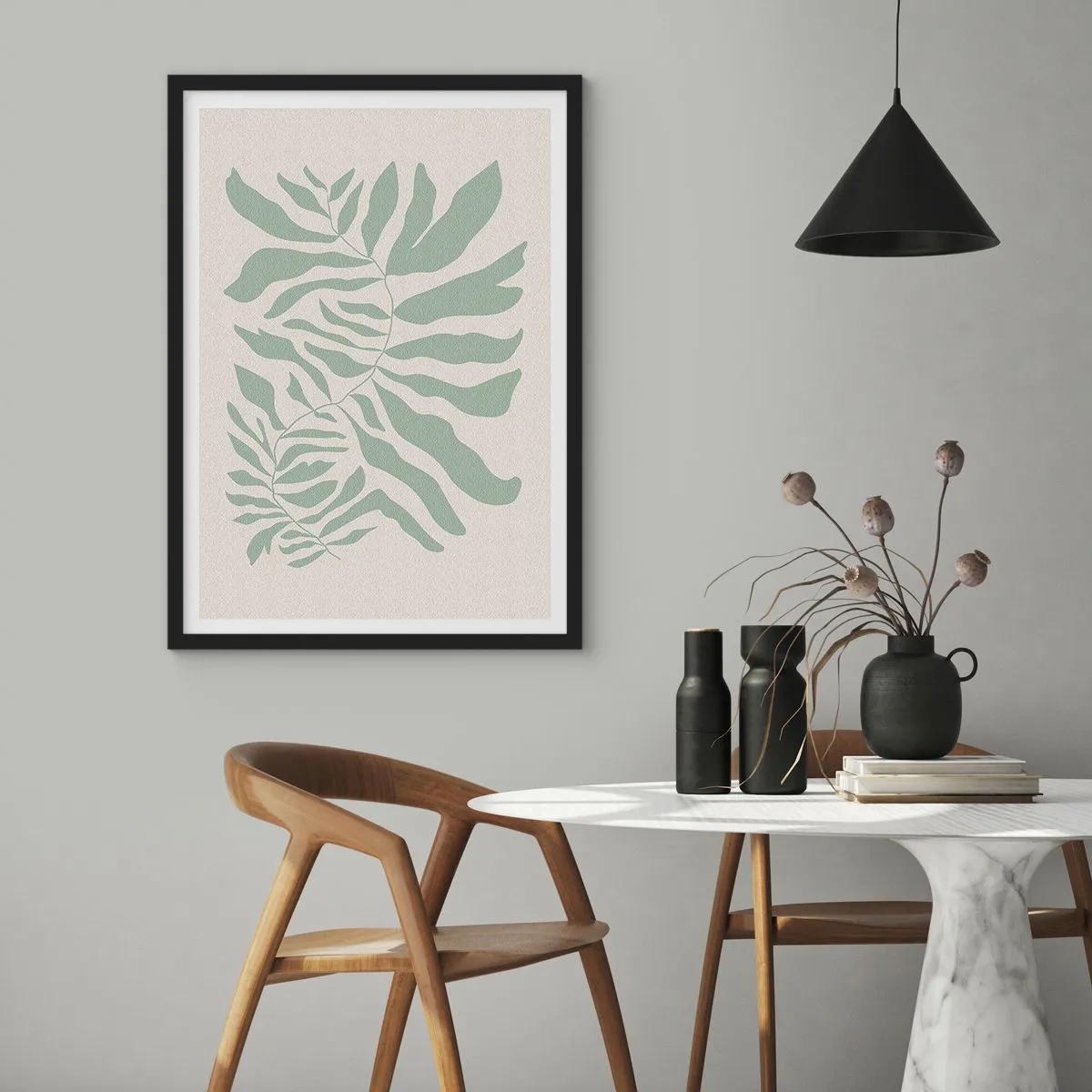 Poster in een zwarte lijst - Een minimalistische plantenillustratie in tinten groen - 50x70cm - Smaragdgroene tak - Moderne wanddecoratie voor woonkamer en slaapkamer ARTTOR