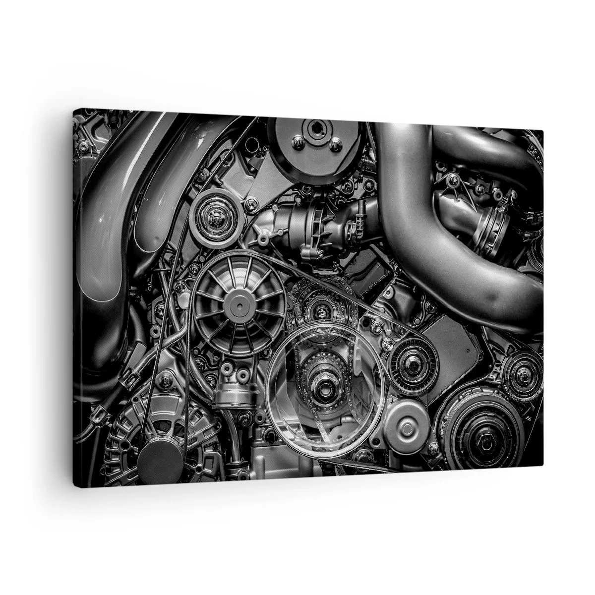 Schilderen op canvas - Zwart-witclose-up van de mechanische details van een automotor. - 70x50cm - De poëzie van mechanica - Moderne wanddecoratie voor woonkamer en slaapkamer ARTTOR