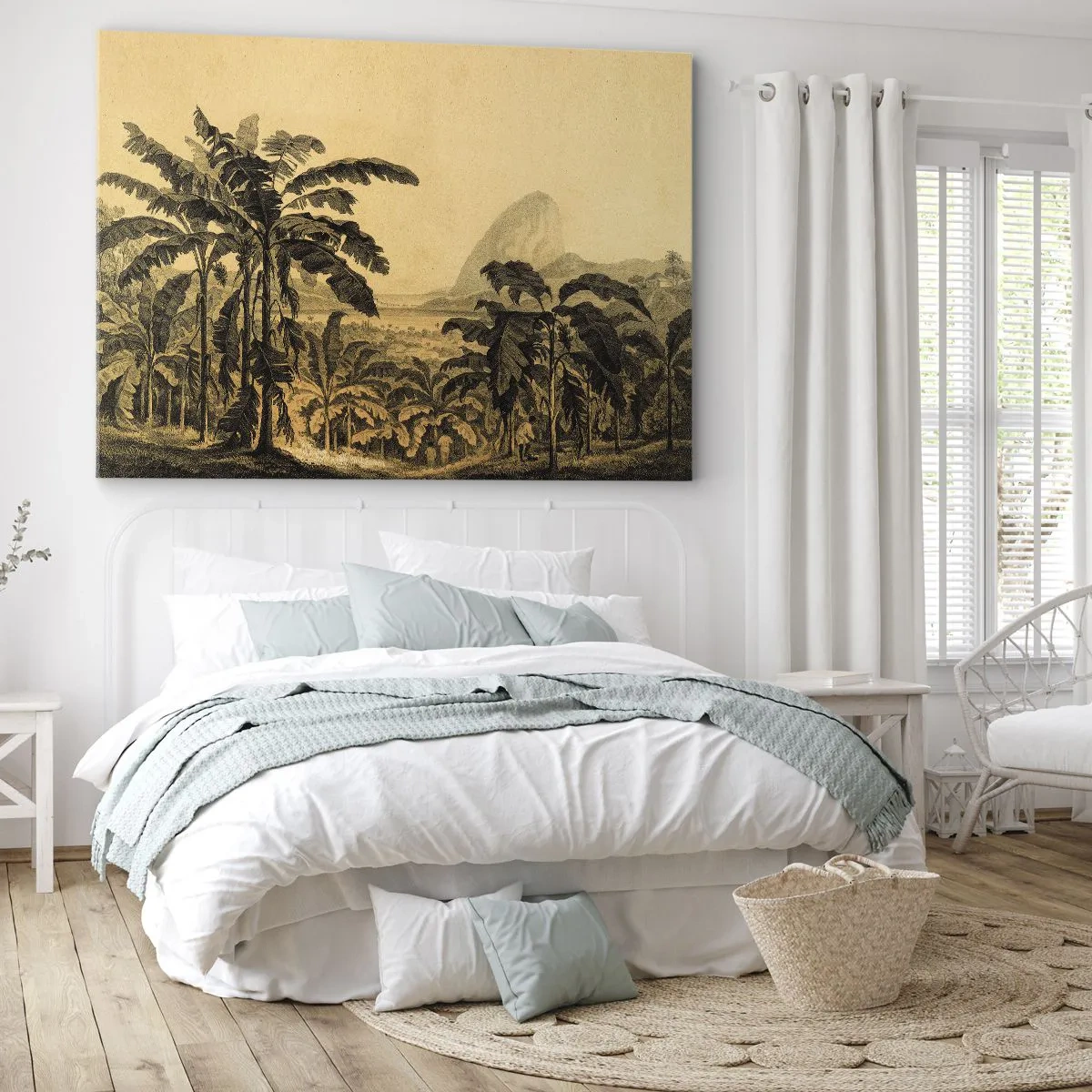 Schilderen op canvas - Tekening van bananenbomen tegen een tropische landschapsachtergrond - 70x50cm - in een koloniaal klimaat - Moderne wanddecoratie voor woonkamer en slaapkamer ARTTOR