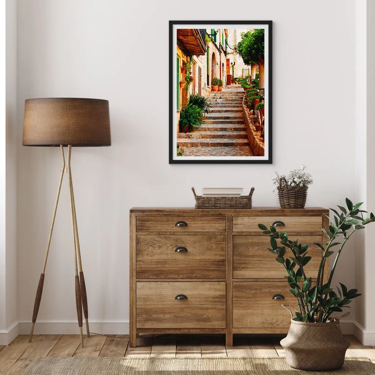 Poster in een zwarte lijst - De charme van een mediterrane straat - 50x70cm - De charme van een Spaanse vakantie - Moderne wanddecoratie voor woonkamer en slaapkamer ARTTOR