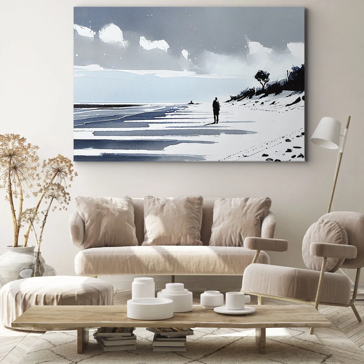 Schilderen op canvas - Een eenzame figuur die over een leeg strand loopt - 70x50cm - Alleen - Moderne wanddecoratie voor woonkamer en slaapkamer ARTTOR
