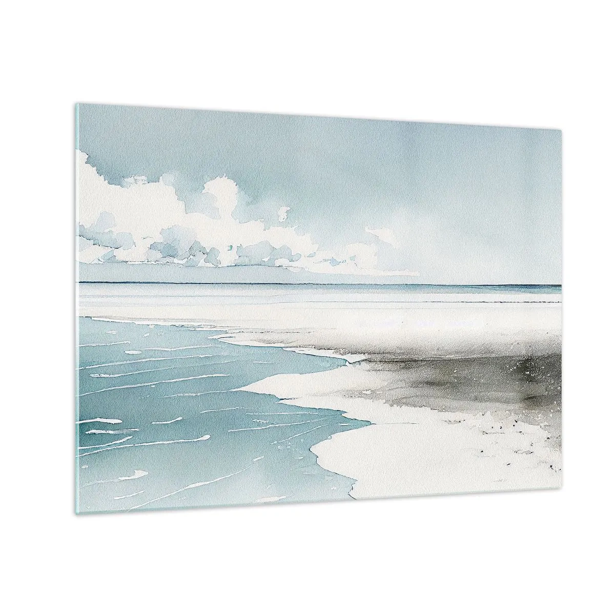 Schilderen op glas - Een rustig zeegezicht, geschilderd in aquarelstijl en uitgevoerd in blauwtinten. - 70x50cm - Zachte vloed - Moderne wanddecoratie voor woonkamer en slaapkamer ARTTOR