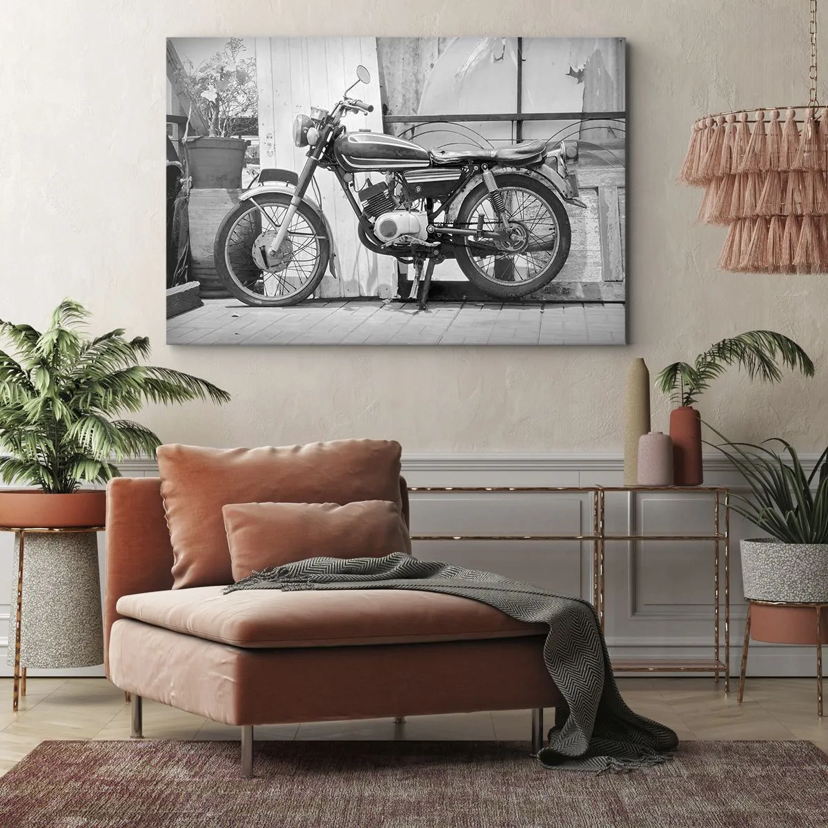 Schilderen op canvas - Zwart-witfoto van een klassieke motorfiets - 70x50cm - Klassiek boven alles - Moderne wanddecoratie voor woonkamer en slaapkamer ARTTOR