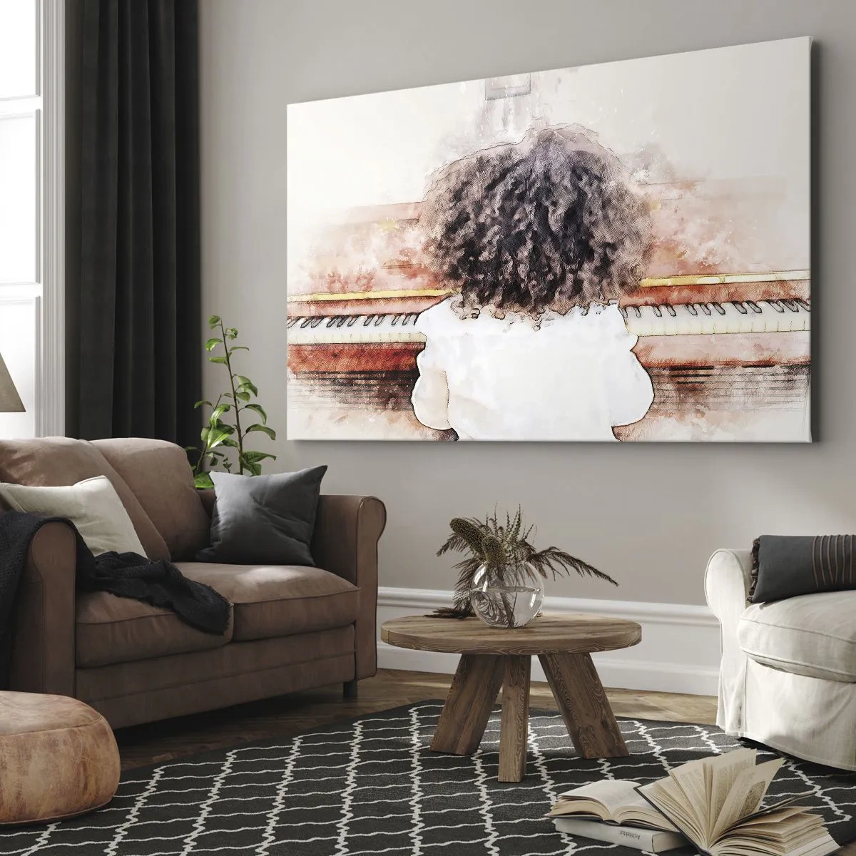 Schilderen op canvas - Een meisje met borstelig haar aan de piano - 70x50cm - In de nieuwe wereld - Moderne wanddecoratie voor woonkamer en slaapkamer ARTTOR