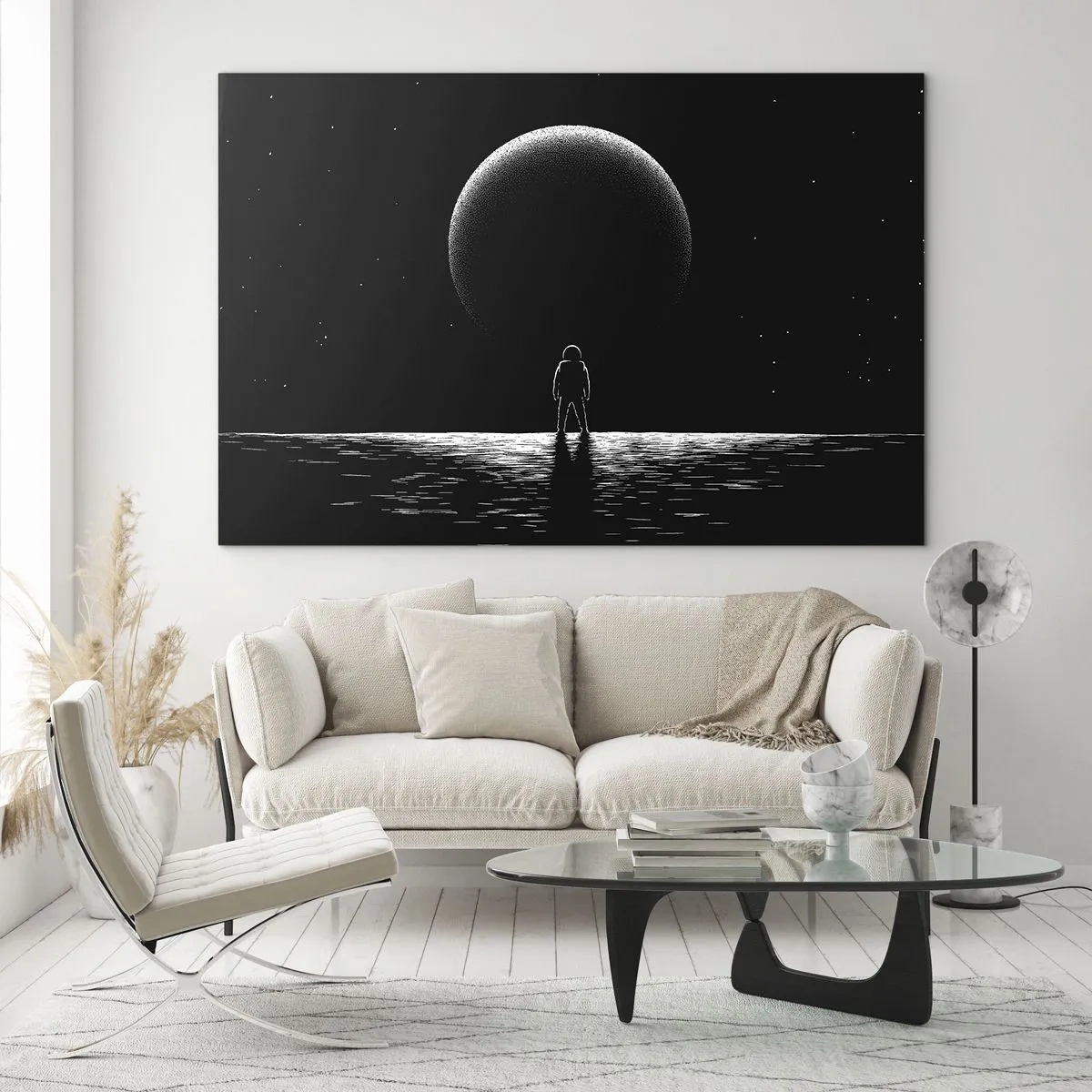 Schilderen op glas - Astronaut staat voor een planeet in zwart-wit - 70x50cm - Oog in oog - Moderne wanddecoratie voor woonkamer en slaapkamer ARTTOR