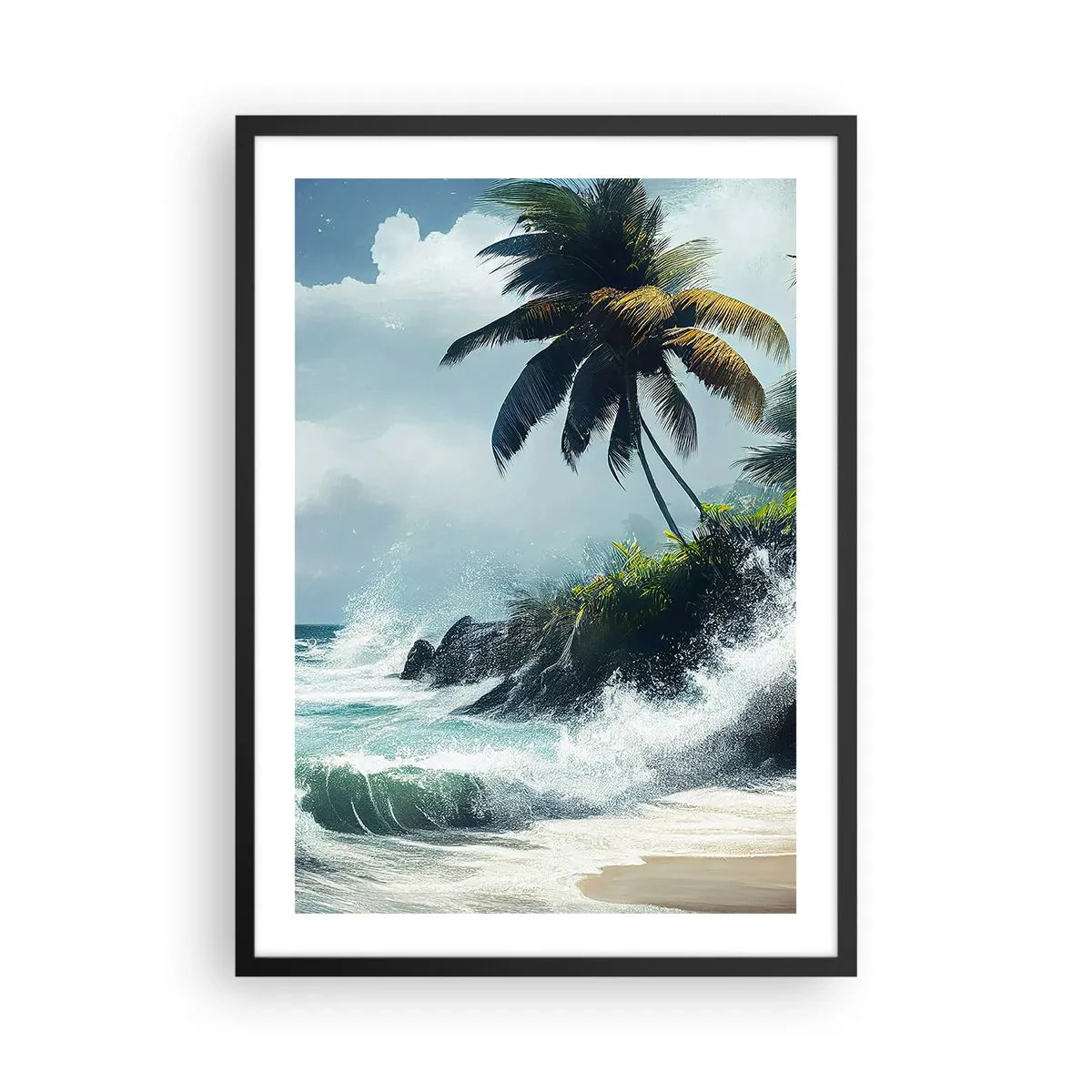 Poster in een zwarte lijst - Tropisch strand met palmbomen en een ruige oceaan - 50x70cm - Op een tropische kust - Moderne wanddecoratie voor woonkamer en slaapkamer ARTTOR