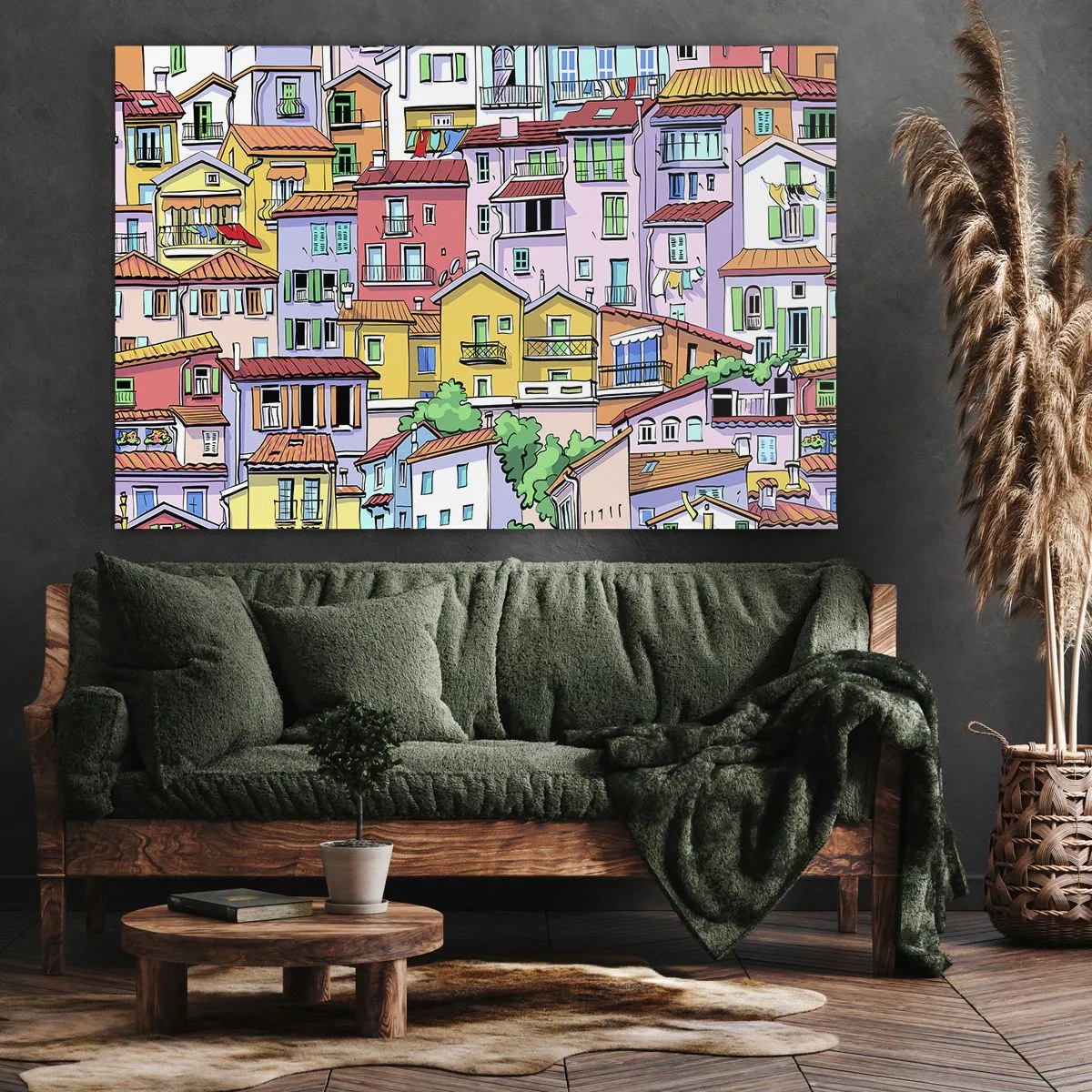 Schilderen op canvas - Kleurrijke huurkazernes in een levendige, vrolijke stijl - 70x50cm - Vrolijke stad - Moderne wanddecoratie voor woonkamer en slaapkamer ARTTOR