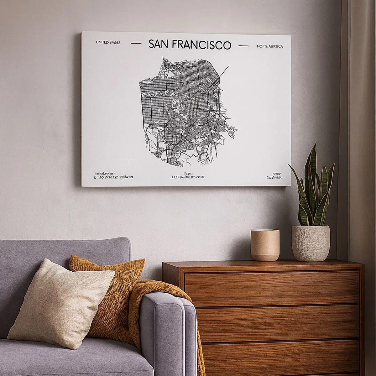 Schilderen op canvas - Een kaart van San Francisco in een minimalistische zwart-witstijl. - 70x50cm - Anatomie van San Francisco - Moderne wanddecoratie voor woonkamer en slaapkamer ARTTOR