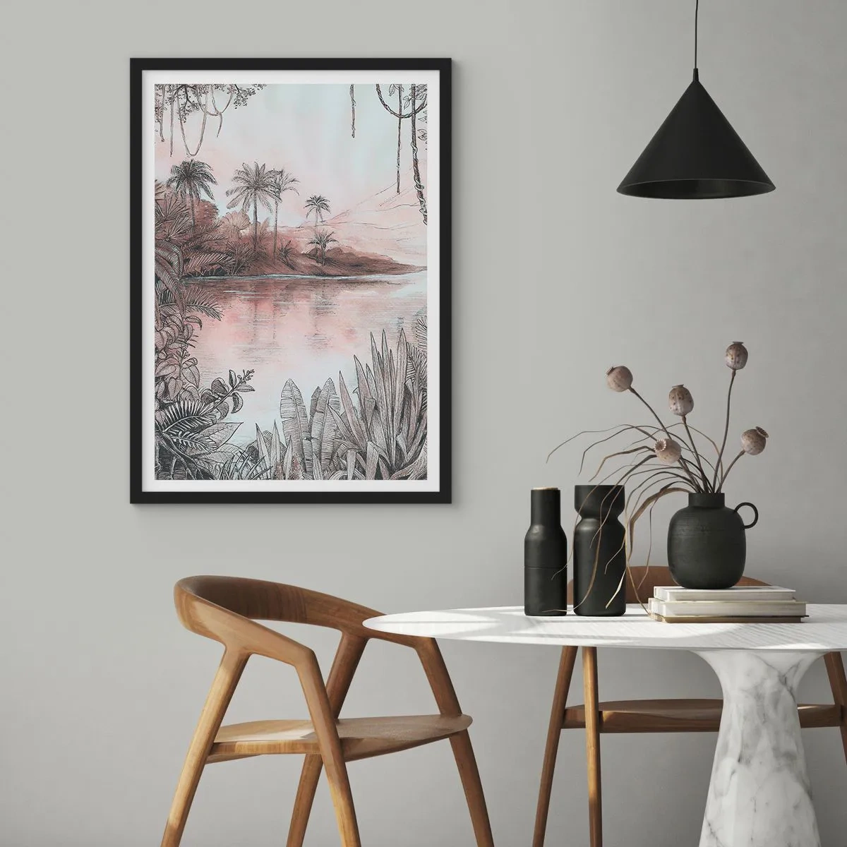 Poster in een zwarte lijst - Exotisch landschap aan het water - 50x70cm - Een 19e-eeuws ontdekkingsdagboek - Moderne wanddecoratie voor woonkamer en slaapkamer ARTTOR