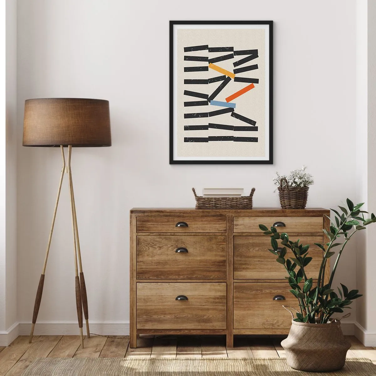 Poster in een zwarte lijst - Abstracte geometrische compositie met kleurrijke accenten - 50x70cm - Domino – compositie - Moderne wanddecoratie voor woonkamer en slaapkamer ARTTOR