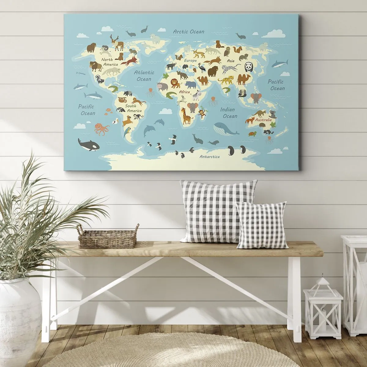 Schilderen op canvas - Wereldkaart met dierenillustraties - 70x50cm - Goede buren - Moderne wanddecoratie voor woonkamer en slaapkamer ARTTOR