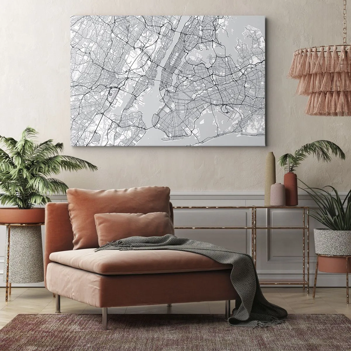 Schilderen op canvas - Een stadskaart in minimalistische stijl op een grijze achtergrond - 70x50cm - De anatomie van een metropool - Moderne wanddecoratie voor woonkamer en slaapkamer ARTTOR