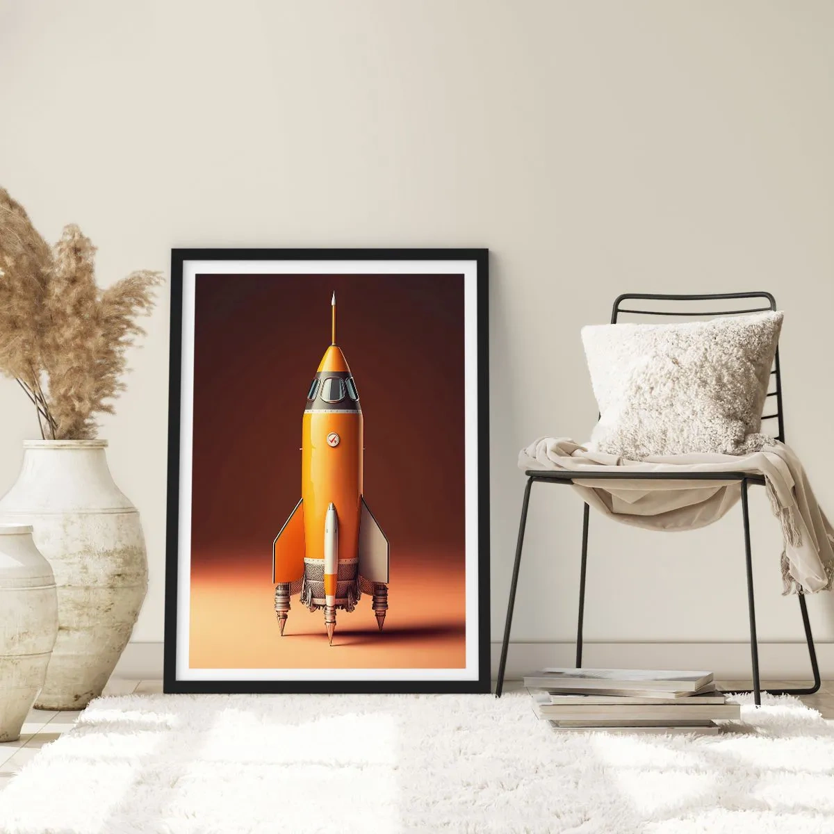 Poster in een zwarte lijst - Een moderne ruimteraket tegen een achtergrond van warme kleuren. - 50x70cm - Het begint met een droom - Moderne wanddecoratie voor woonkamer en slaapkamer ARTTOR