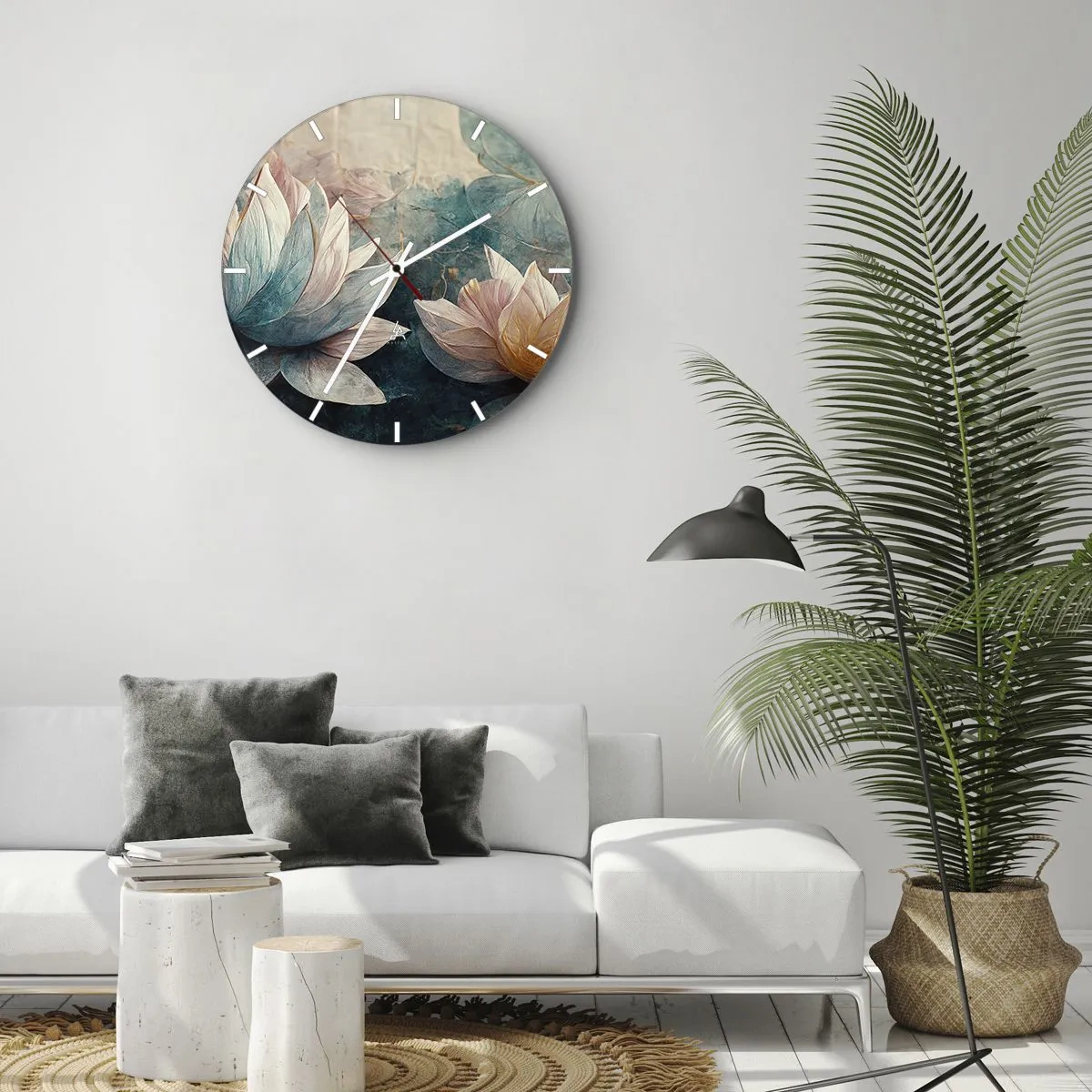 Wandklok - Klok - Lotusbloemen tegen de achtergrond van het groenblauwe oppervlak van het meer - 30x30cm - Sterren van het meer - Moderne wanddecoratie voor woonkamer, keuken en slaapkamer ARTTOR
