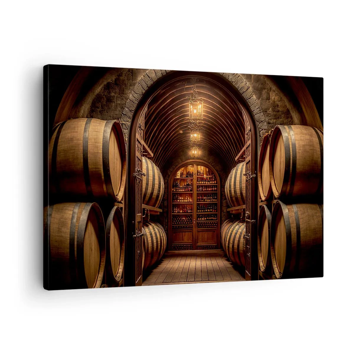 Schilderen op canvas - Wijnkelder met houten vaten en wijnplanken - 70x50cm - Sfeervolle kelder - Moderne wanddecoratie voor woonkamer en slaapkamer ARTTOR