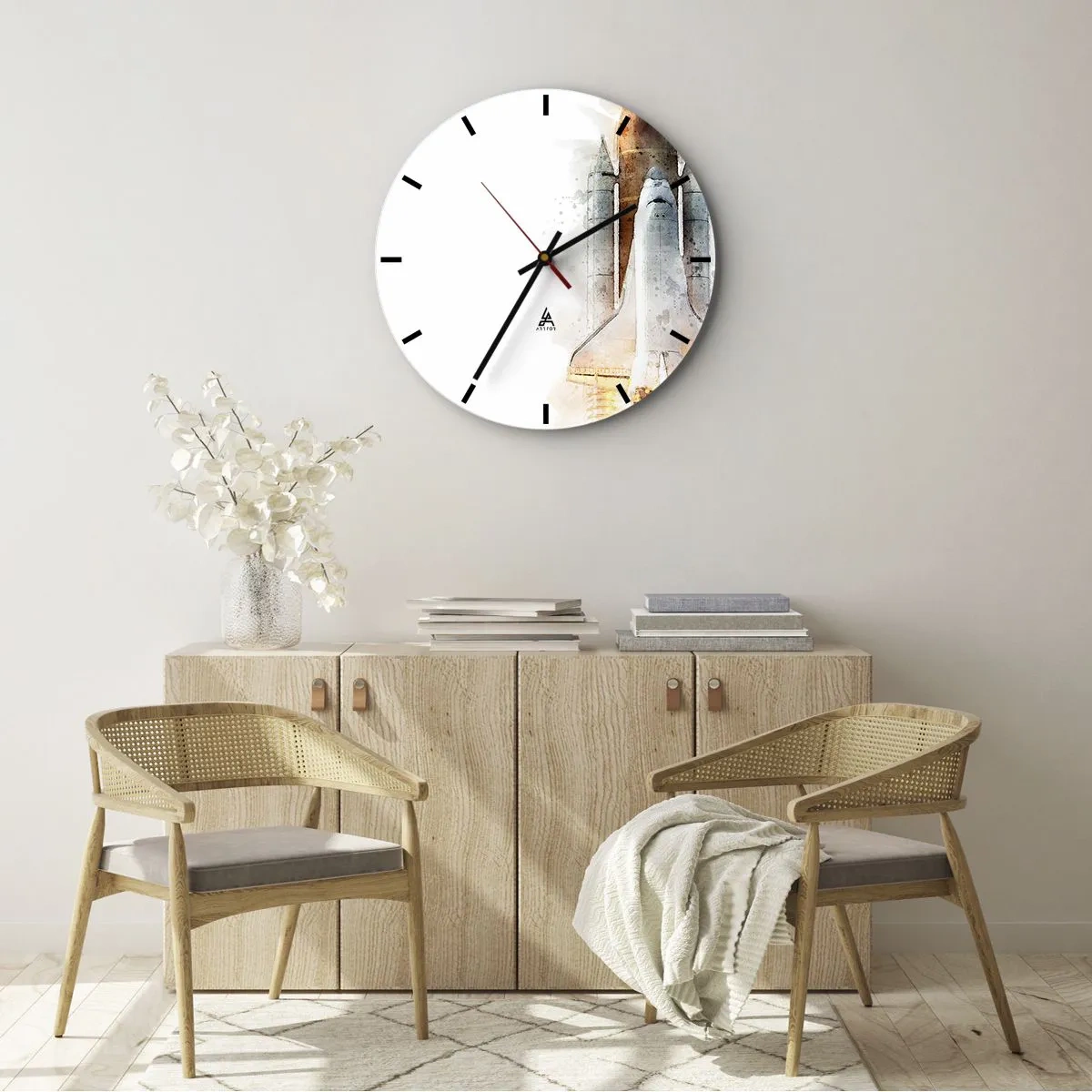 Wandklok - Klok - Raketlancering in aquarelstijl op een witte achtergrond - 30x30cm - Ontdekkingsreizigers, aan de slag - Moderne wanddecoratie voor woonkamer, keuken en slaapkamer ARTTOR