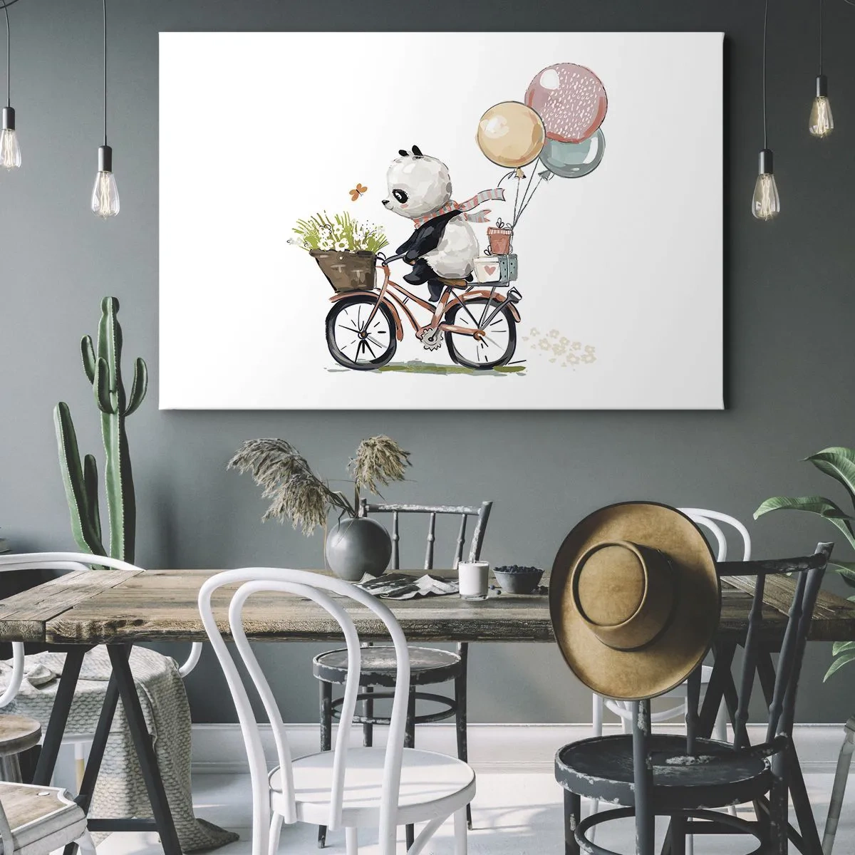 Schilderen op canvas - Panda op een fiets met ballonnen en bloemen - 70x50cm - Vrolijke dag - Moderne wanddecoratie voor woonkamer en slaapkamer ARTTOR