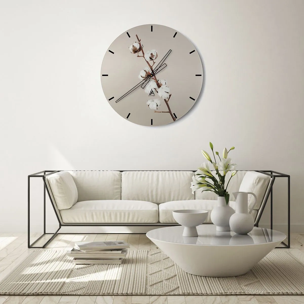 Wandklok - Klok - Een takje katoen op een beige achtergrond in minimalistische stijl - 30x30cm - Aan de bron van zachtheid - Moderne wanddecoratie voor woonkamer, keuken en slaapkamer ARTTOR