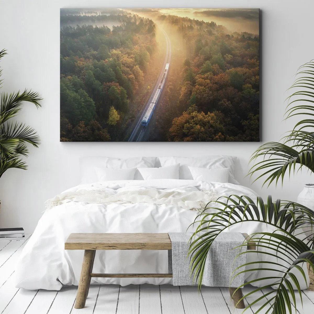 Schilderen op canvas - Een trein in een herfstbos bij zonsopgang - 70x50cm - Herfst reis - Moderne wanddecoratie voor woonkamer en slaapkamer ARTTOR