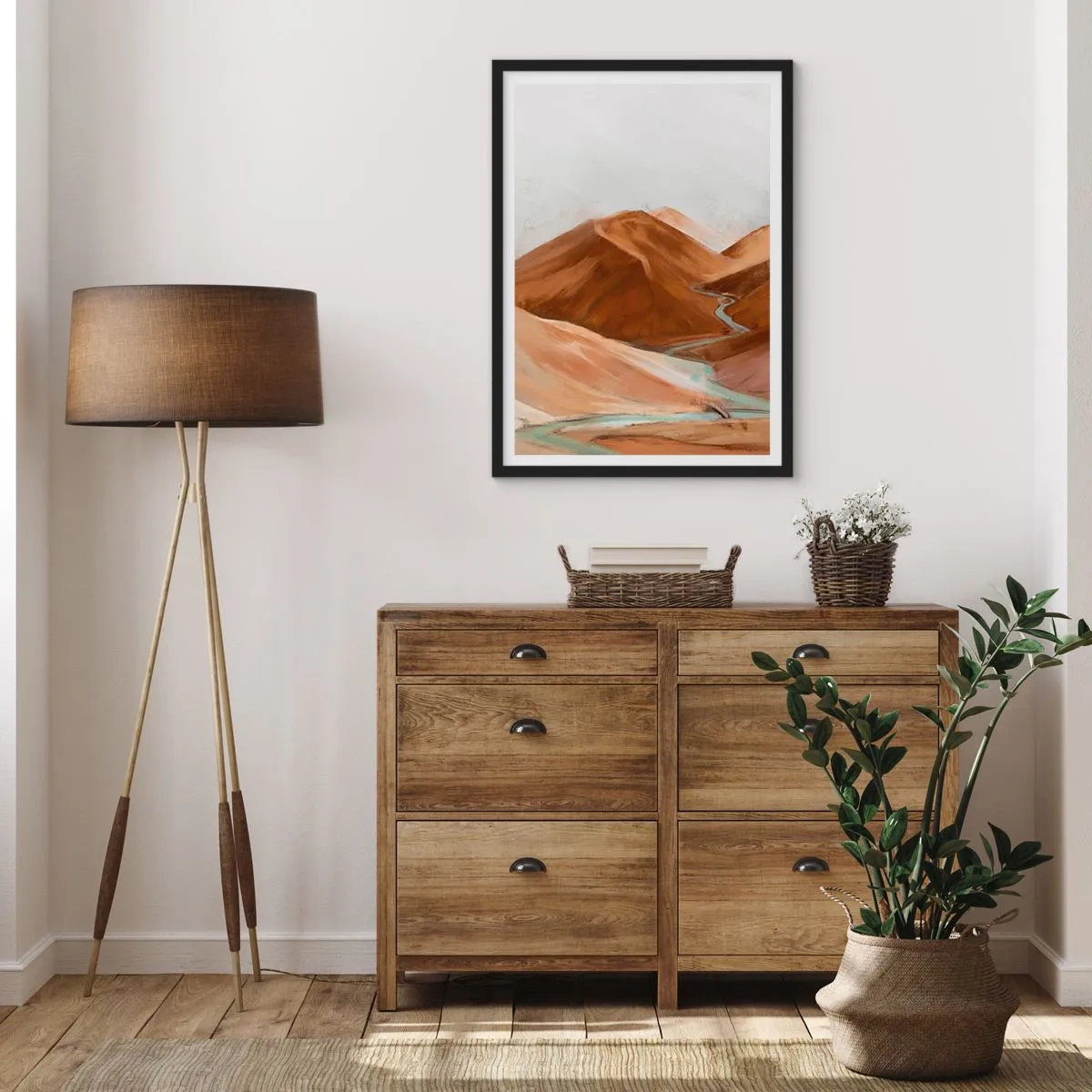 Poster in een zwarte lijst - Een rivier die door bruine bergen stroomt, een gestileerd landschap - 50x70cm - Naar de bron - Moderne wanddecoratie voor woonkamer en slaapkamer ARTTOR