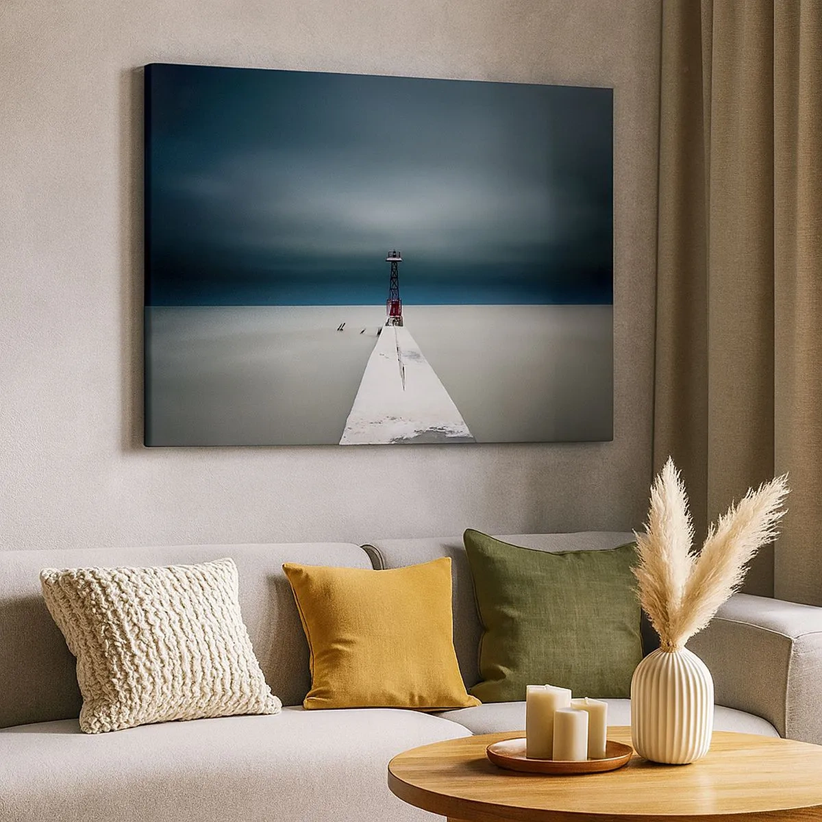 Schilderen op canvas - Een vuurtoren aan het einde van een betonnen pier in een ruig landschap - 70x50cm - Om de uitgestrektheid te ontmoeten - Moderne wanddecoratie voor woonkamer en slaapkamer ARTTOR