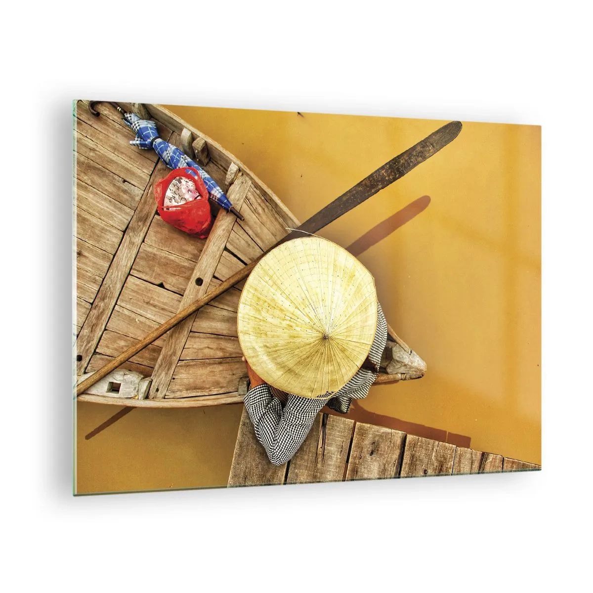 Schilderen op glas - Bovenaanzicht van een boot en een persoon met een kegelvormige hoed - 70x50cm - Het leven op de Gele Rivier - Moderne wanddecoratie voor woonkamer en slaapkamer ARTTOR