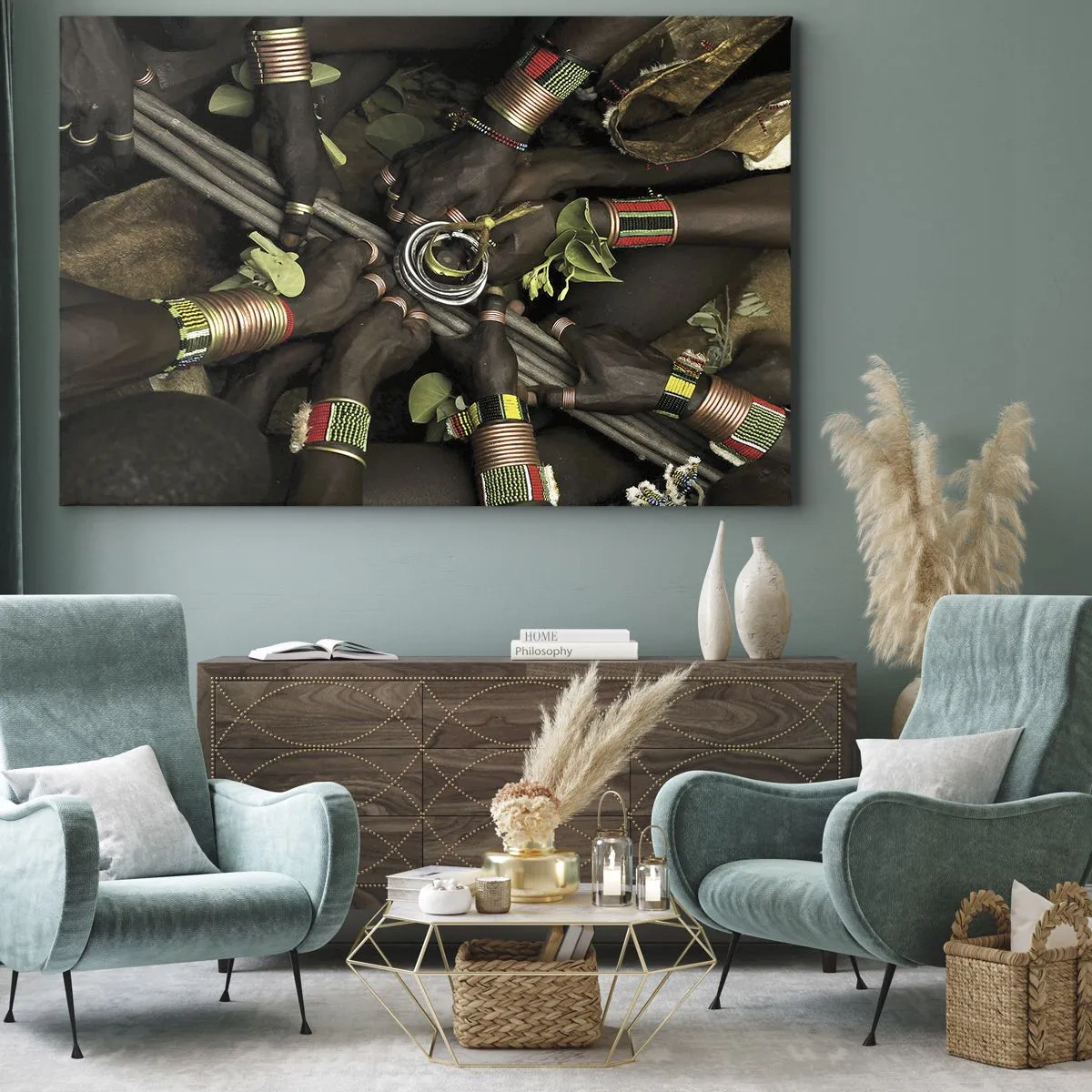 Schilderen op canvas - Traditionele handarmbanden in een groep handen - 70x50cm - Wij zijn samen - Moderne wanddecoratie voor woonkamer en slaapkamer ARTTOR