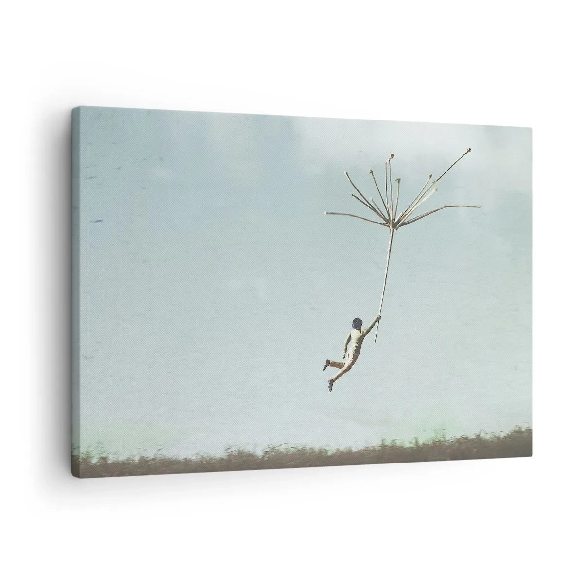 Schilderen op canvas - Een figuur opgetild door een groot paardenbloemzaadje - 70x50cm - Vliegers, paardebloemen, wind - Moderne wanddecoratie voor woonkamer en slaapkamer ARTTOR