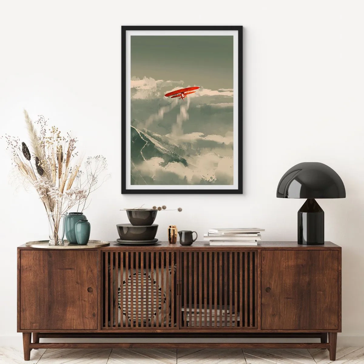Poster in een zwarte lijst - Een rood dubbeldekker in de lucht - 50x70cm - Onverschrokken pionier - Moderne wanddecoratie voor woonkamer en slaapkamer ARTTOR