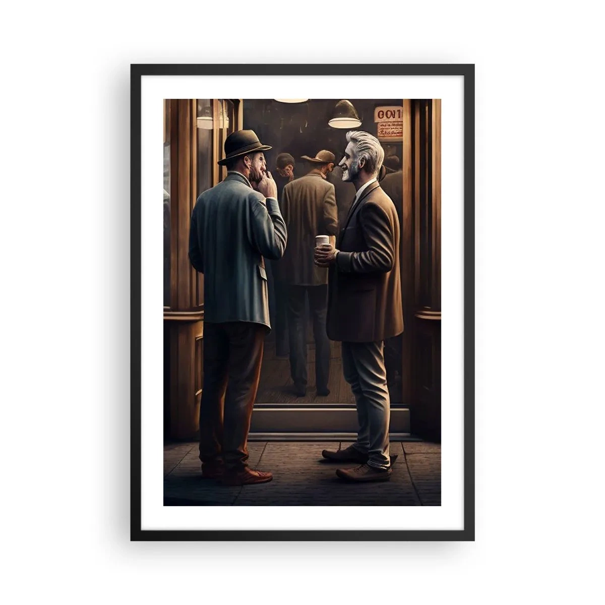 Poster in een zwarte lijst - Twee elegante mannen praten voor een café - 50x70cm - Een goed moment van de dag - Moderne wanddecoratie voor woonkamer en slaapkamer ARTTOR