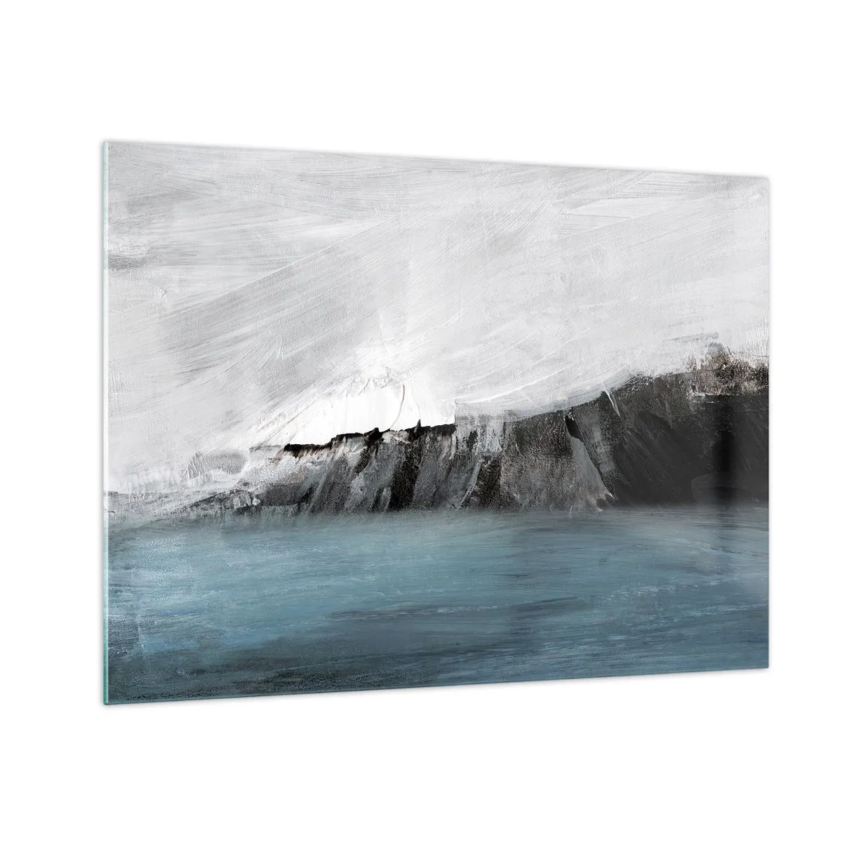 Schilderen op glas - Abstracte compositie in tinten blauw, wit en zwart - 70x50cm - Water – aarde: botsing der elementen - Moderne wanddecoratie voor woonkamer en slaapkamer ARTTOR