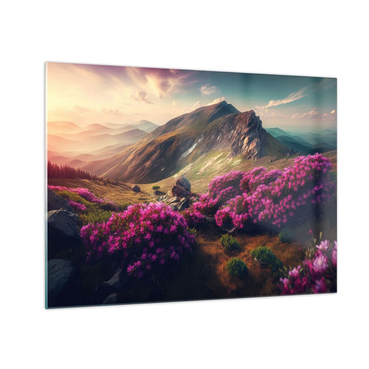 Schilderen op glas - Zomers berglandschap met bloeiende roze heide - 70x50cm - Zomer in de bergen - Moderne wanddecoratie voor woonkamer en slaapkamer ARTTOR