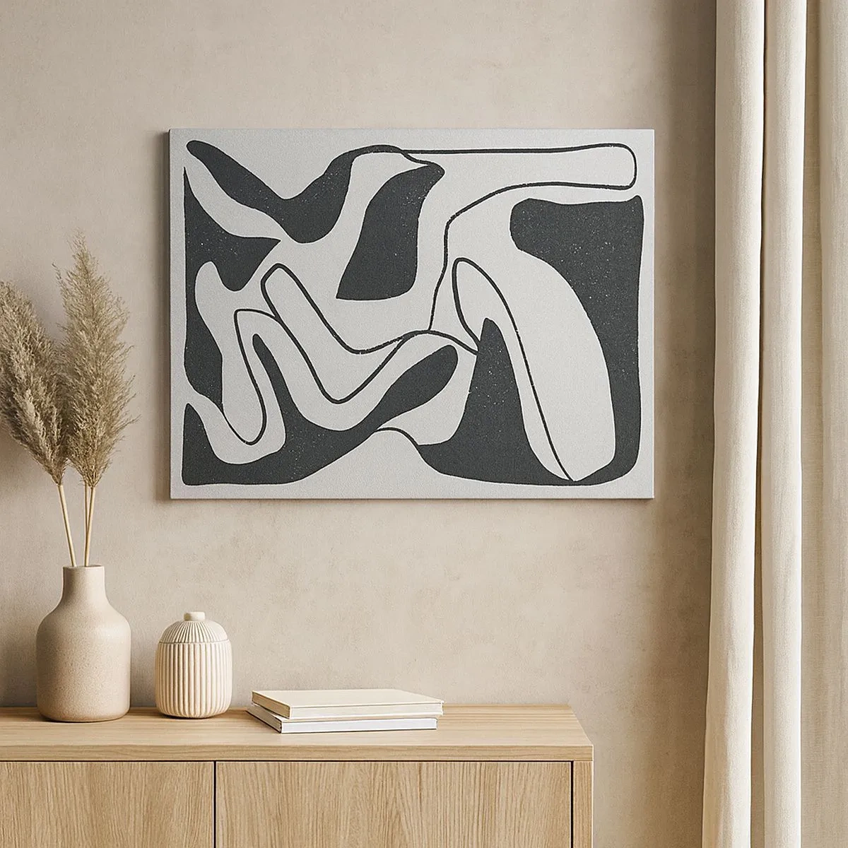 Schilderen op canvas - Zwart-wit abstractie met organische vormen - 70x50cm - Abstract doolhofplezier - Moderne wanddecoratie voor woonkamer en slaapkamer ARTTOR