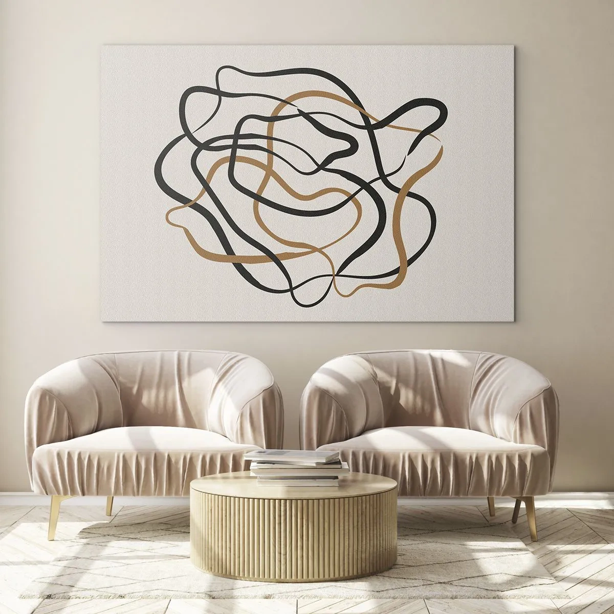 Schilderen op glas - Een abstracte wirwar van lijnen in zwart en bruin. - 70x50cm - Alles ging mis - Moderne wanddecoratie voor woonkamer en slaapkamer ARTTOR