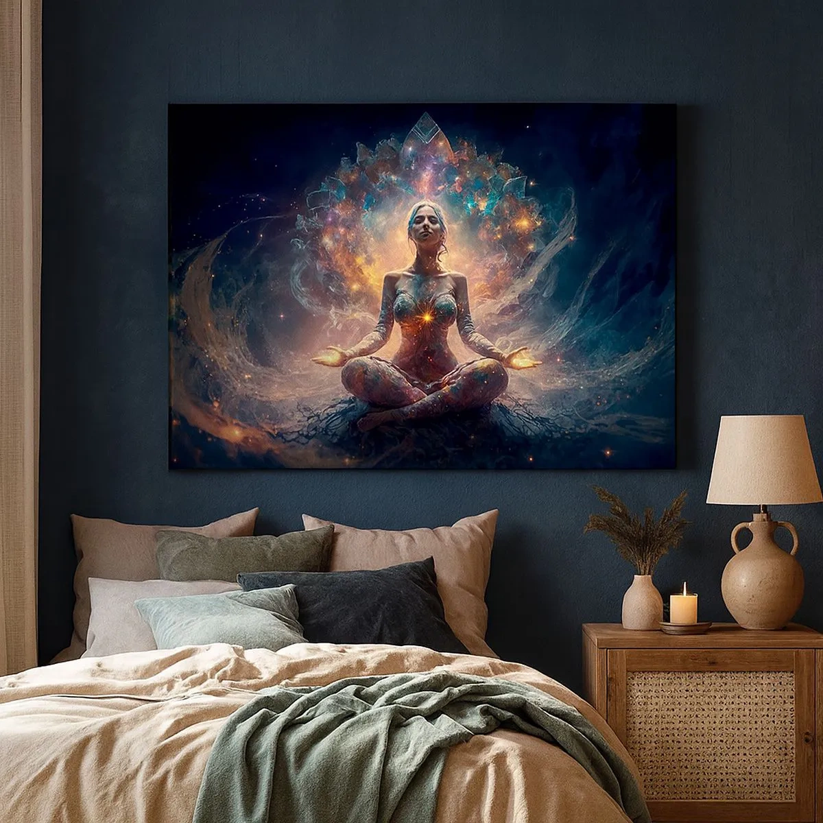 Schilderen op canvas - Een mediterende figuur omringd door energieke patronen en kleuren. - 70x50cm - Stroom van goede energie - Moderne wanddecoratie voor woonkamer en slaapkamer ARTTOR