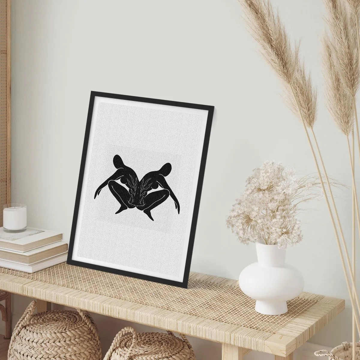 Poster in een zwarte lijst - Zwarte silhouetten van figuren in een symmetrische compositie - 50x70cm - Een gemeenschappelijke ziel - Moderne wanddecoratie voor woonkamer en slaapkamer ARTTOR