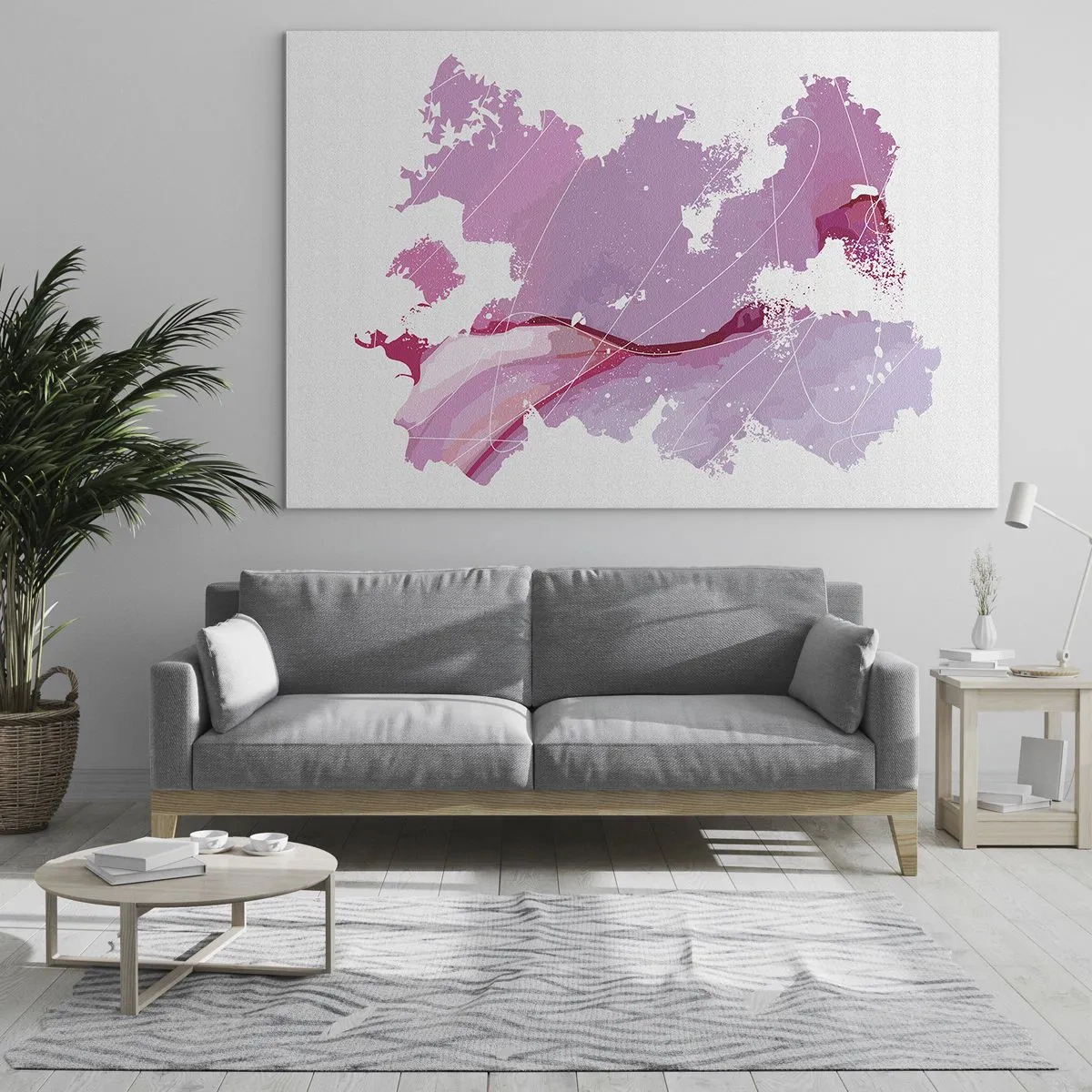Schilderen op glas - Abstracte kaart in tinten roze en paars op een witte achtergrond - 70x50cm - Kaart van de roze wereld - Moderne wanddecoratie voor woonkamer en slaapkamer ARTTOR