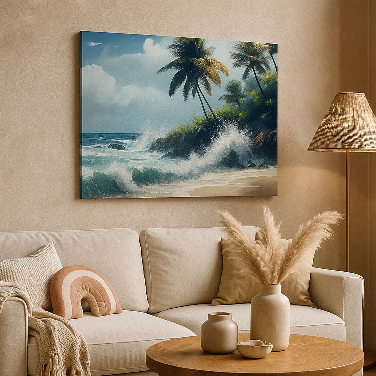 Schilderen op canvas - Tropische kust met palmbomen en een ruwe zee - 70x50cm - Op een tropische kust - Moderne wanddecoratie voor woonkamer en slaapkamer ARTTOR