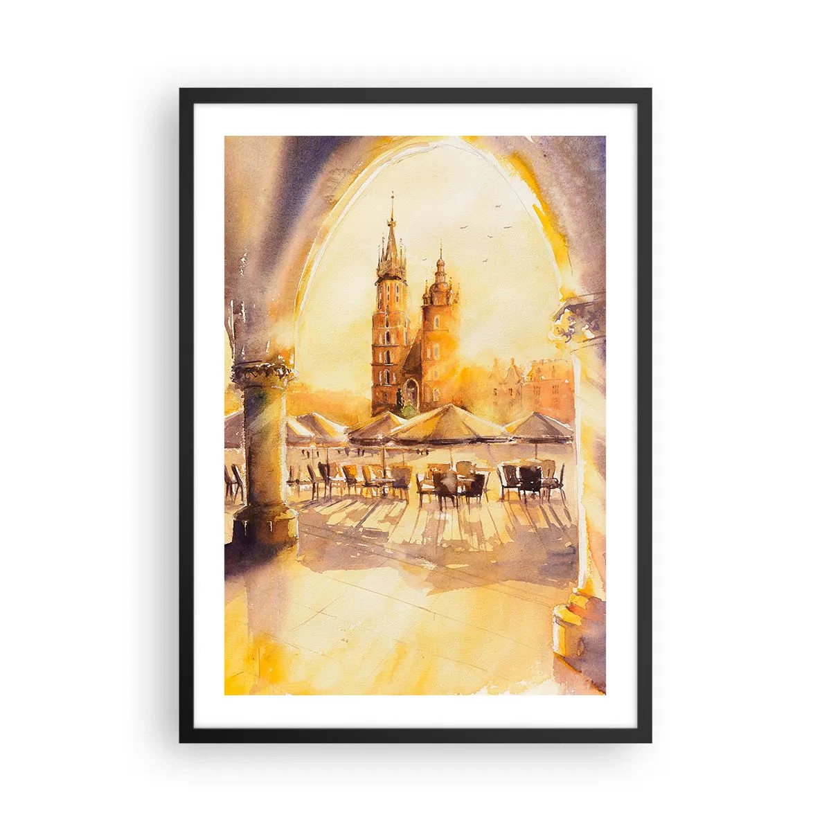 Poster in een zwarte lijst - Een aquarel van het marktplein van Krakau bij zonsondergang. - 50x70cm - Zonsopgang boven het marktplein van Krakau - Moderne wanddecoratie voor woonkamer en slaapkamer ARTTOR