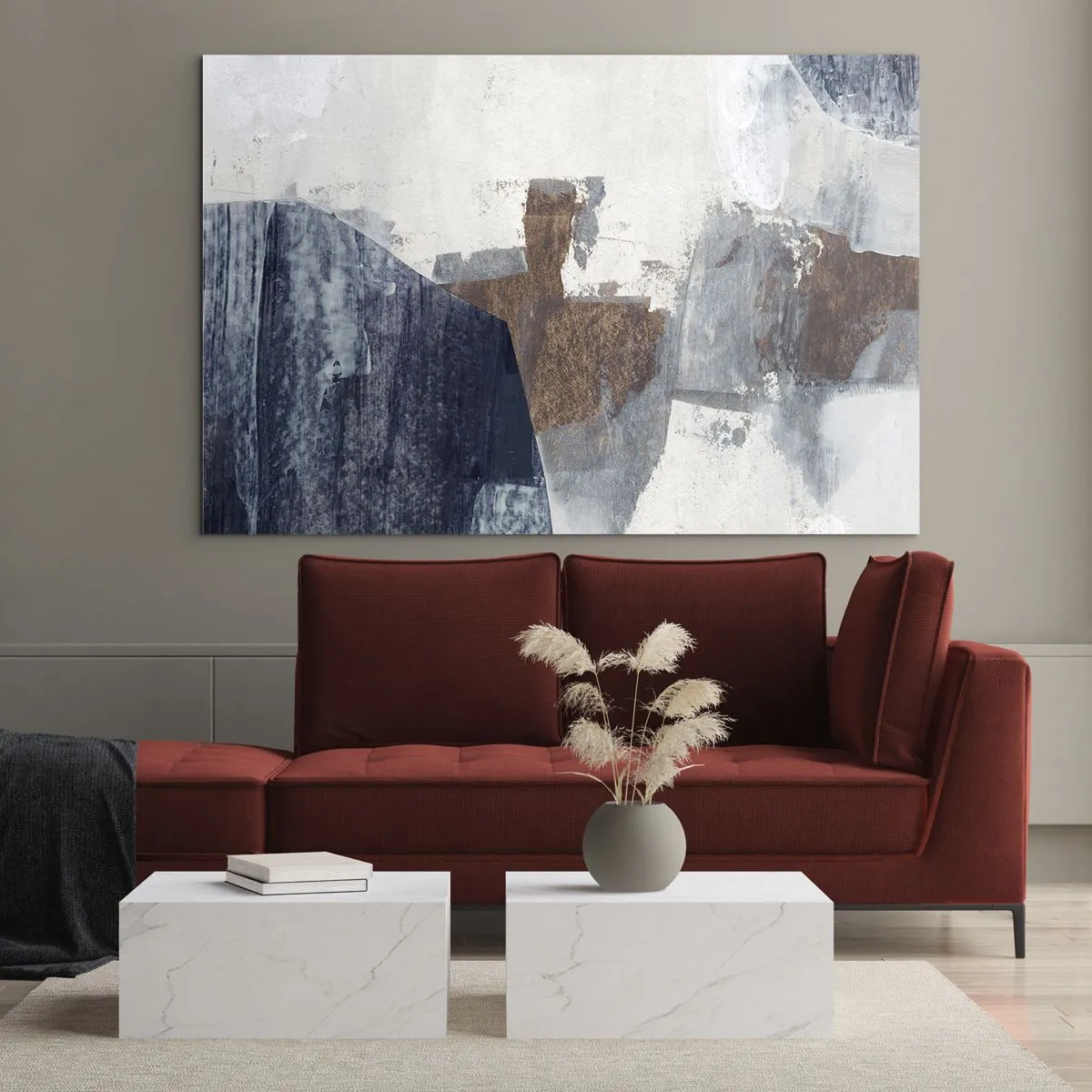 Schilderen op glas - Geometrische vormen in blauw, bruin en wit - 70x50cm - Blauwe en bruine vormen - Moderne wanddecoratie voor woonkamer en slaapkamer ARTTOR