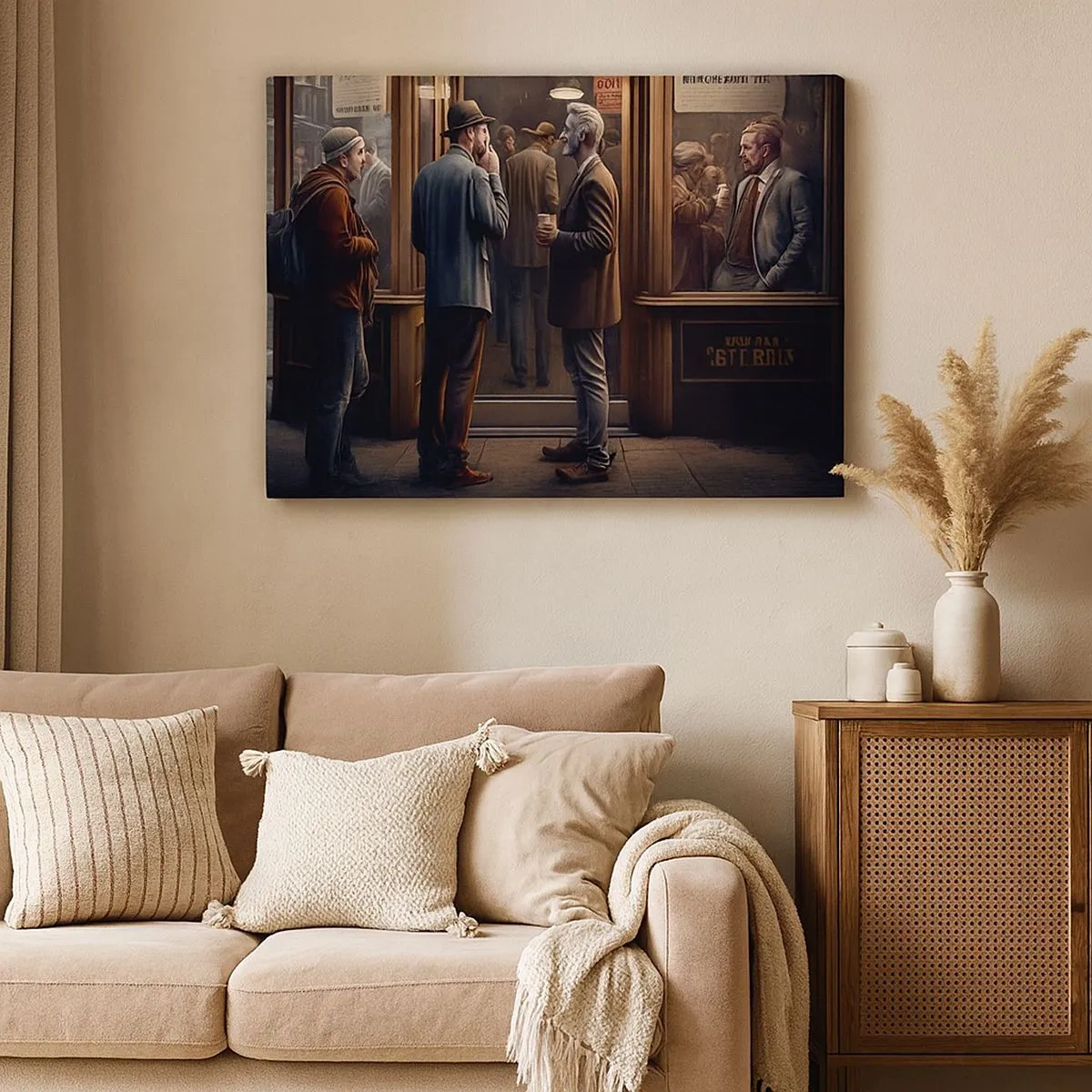 Schilderen op canvas - Straatbeeld met mensen voor een retrocafé - 70x50cm - Een goed moment van de dag - Moderne wanddecoratie voor woonkamer en slaapkamer ARTTOR
