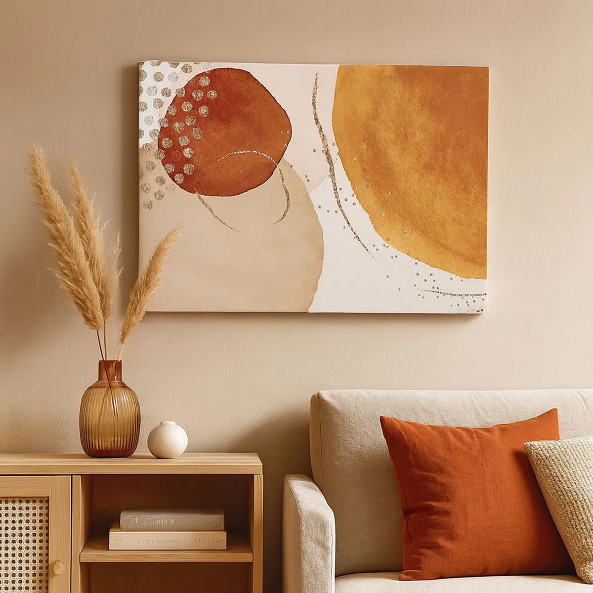 Schilderen op canvas - Abstracte vormen in warme tinten bruin en goud - 70x50cm - Rondheid en beweging - Moderne wanddecoratie voor woonkamer en slaapkamer ARTTOR
