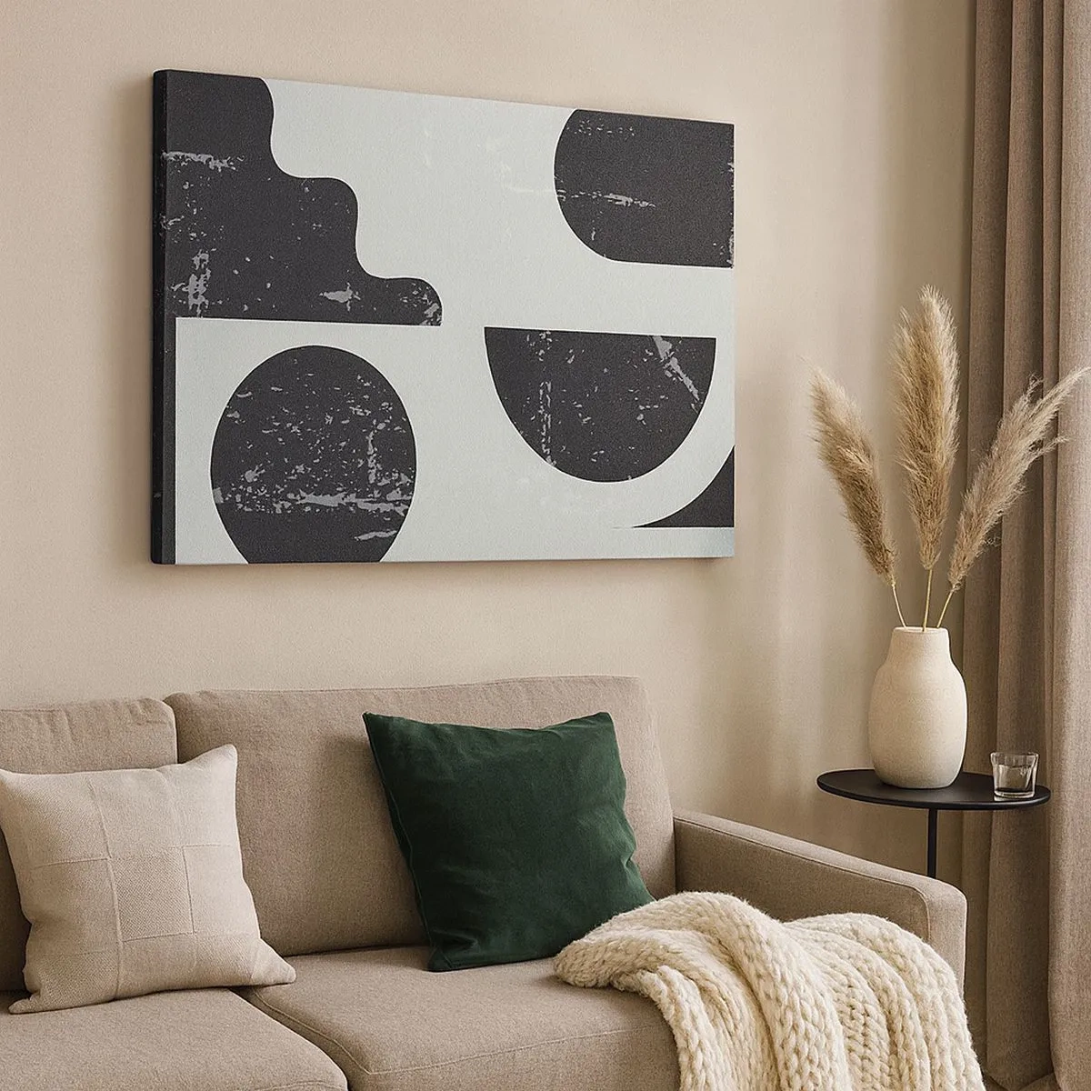 Schilderen op canvas - Geometrische patronen in tinten zwart en grijs - 70x50cm - Compositie boven en onder - Moderne wanddecoratie voor woonkamer en slaapkamer ARTTOR