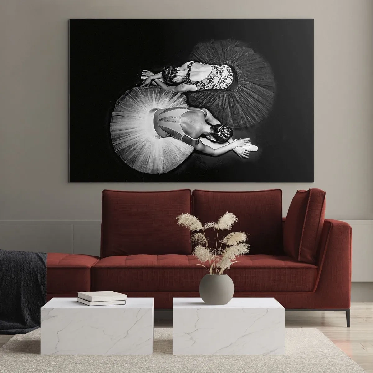 Schilderen op glas - Twee ballerina's in een rustende houding, gekleed in zwart-witte tutu's - 70x50cm - Jin en Jang - perfecte balans - Moderne wanddecoratie voor woonkamer en slaapkamer ARTTOR