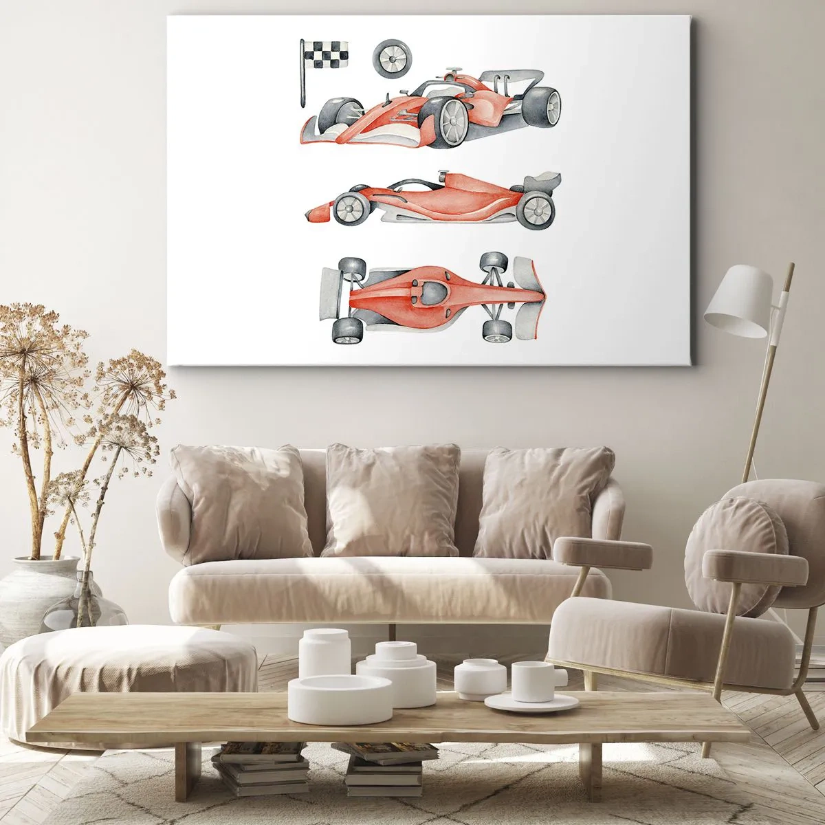 Schilderen op canvas - Een rode raceauto met een geblokte vlag - 70x50cm - Jaag je droom na - Moderne wanddecoratie voor woonkamer en slaapkamer ARTTOR