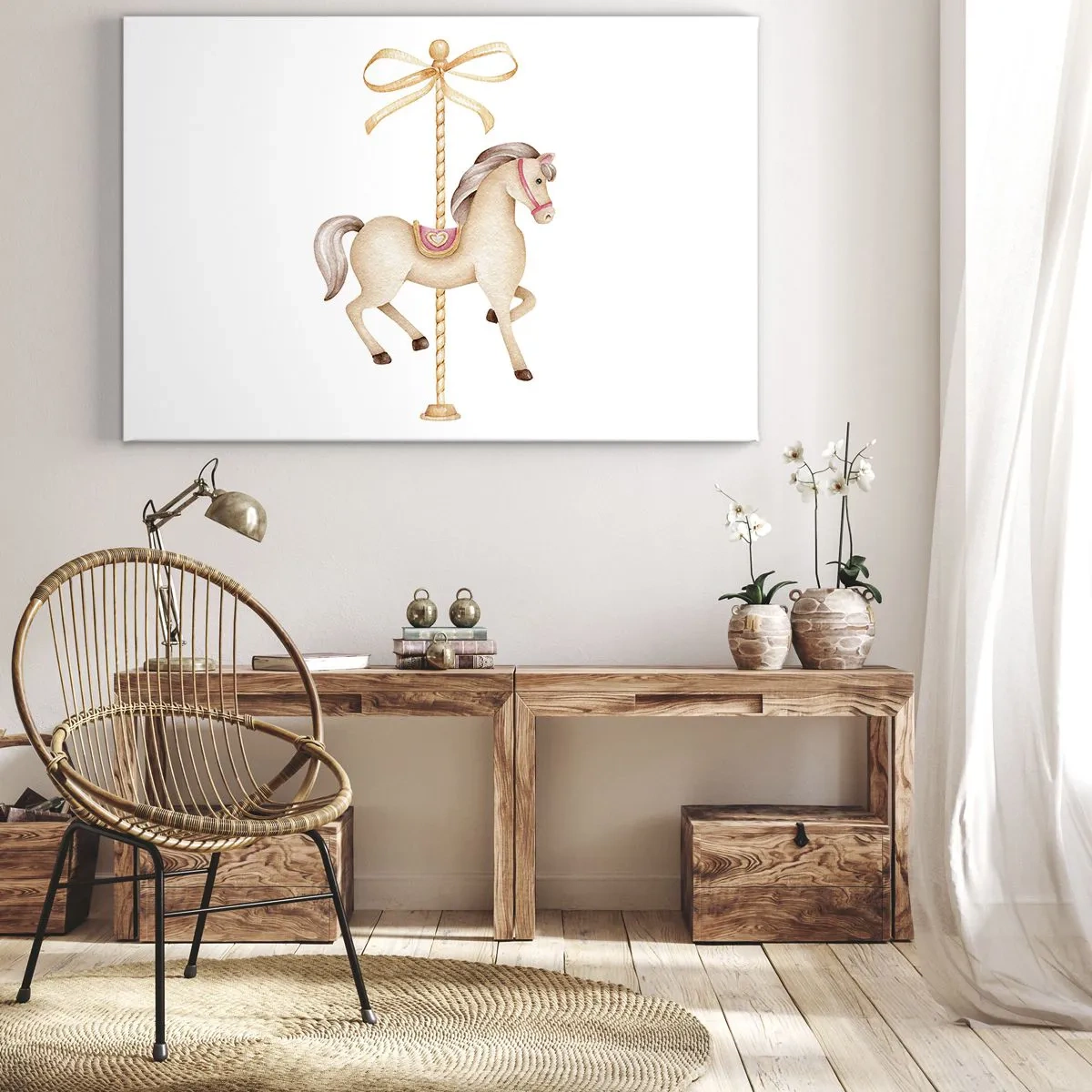 Schilderen op canvas - Een draaimolenpaard met een strik in delicate pasteltinten - 70x50cm - Een sierlijke draf - Moderne wanddecoratie voor woonkamer en slaapkamer ARTTOR