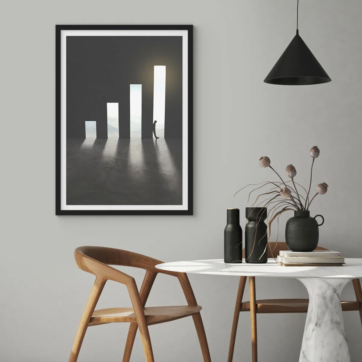 Poster in een zwarte lijst - Een symbolische deur in de vorm van een grafiek met een figuur - 50x70cm - Succes - impressie - Moderne wanddecoratie voor woonkamer en slaapkamer ARTTOR
